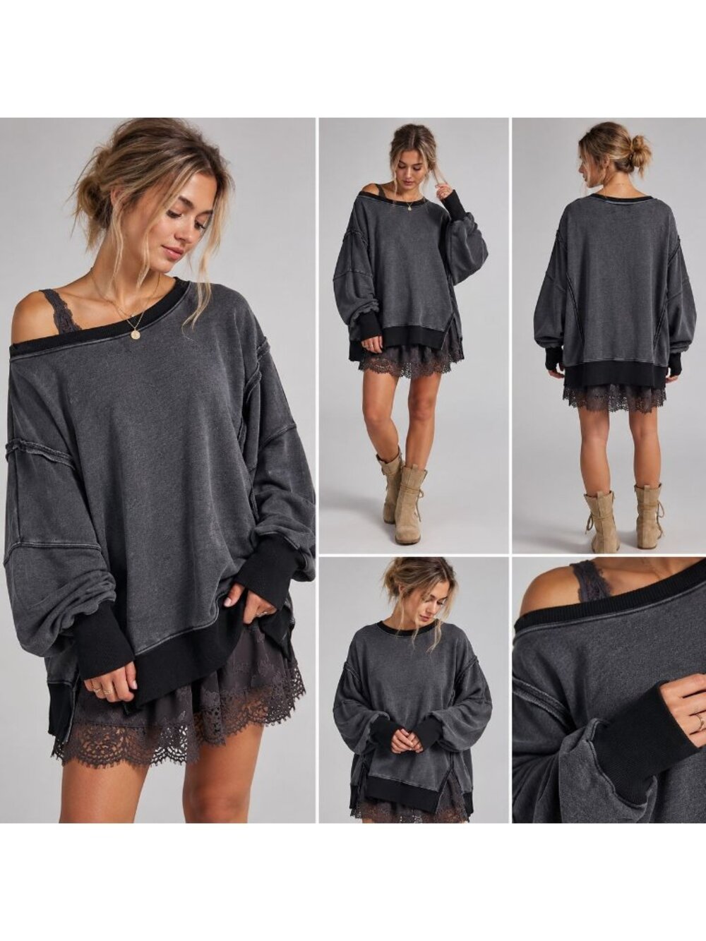 Free People We The Free Camden Sweatshirt Oversized Exposed Seam Sz L Distressed